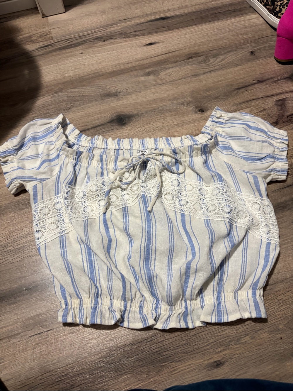 Haute Monde Blue and White Striped Off-Shoulder Crop Top linen blend w Lace Trim
